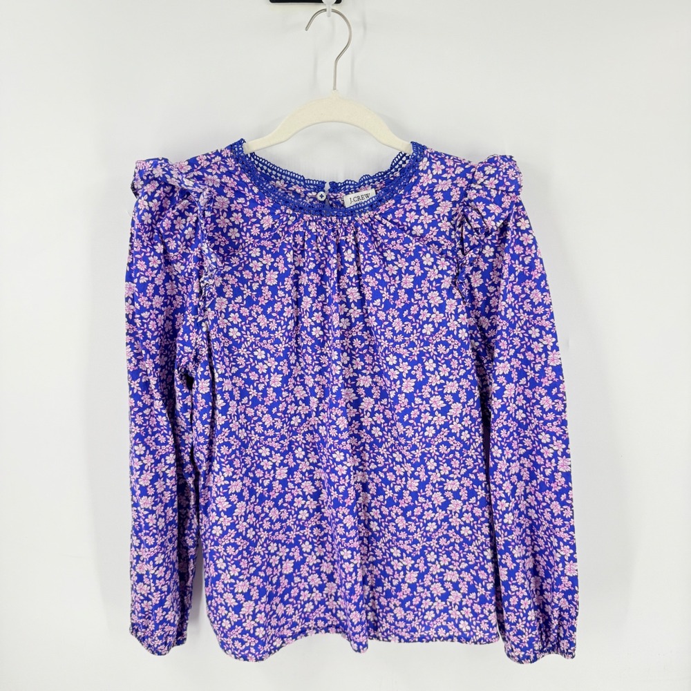 J.‎ Crew Floral Ruffle Top Blue Medium Crochet Trim Boho Cotton Cottage Feminine